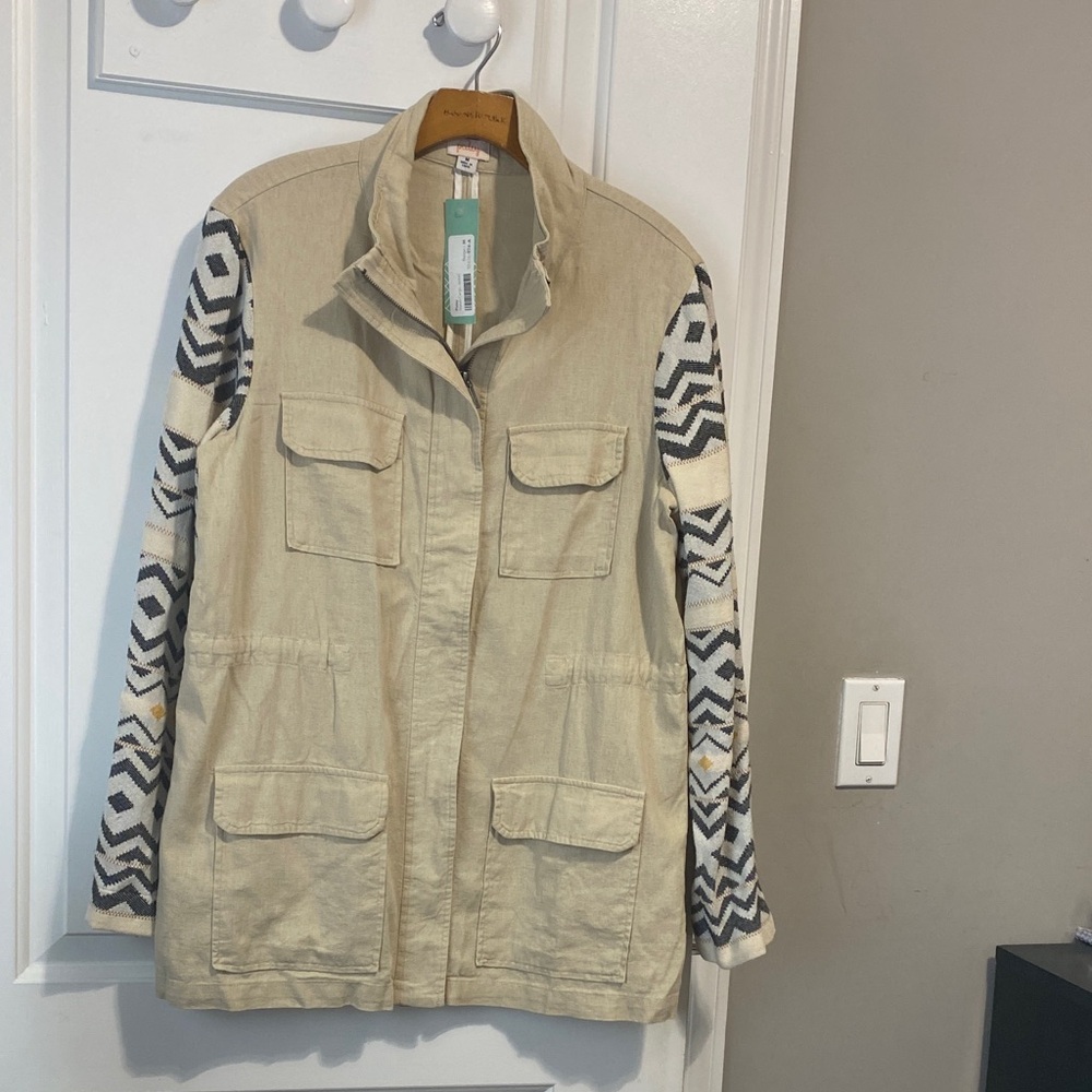 Anthropologie Tan Utility Jacket with Patterned Sleeves
